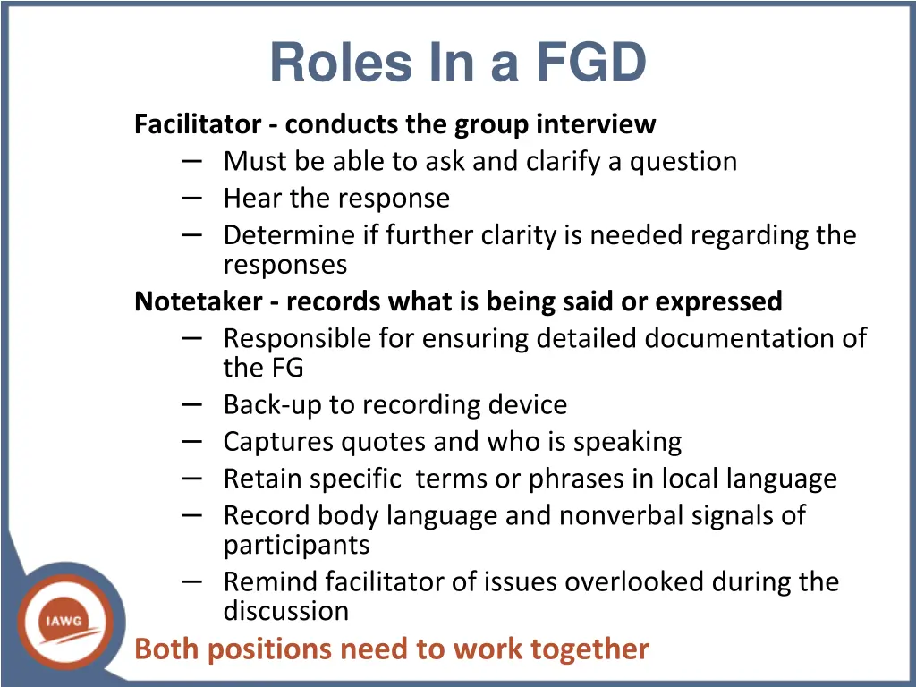 roles in a fgd