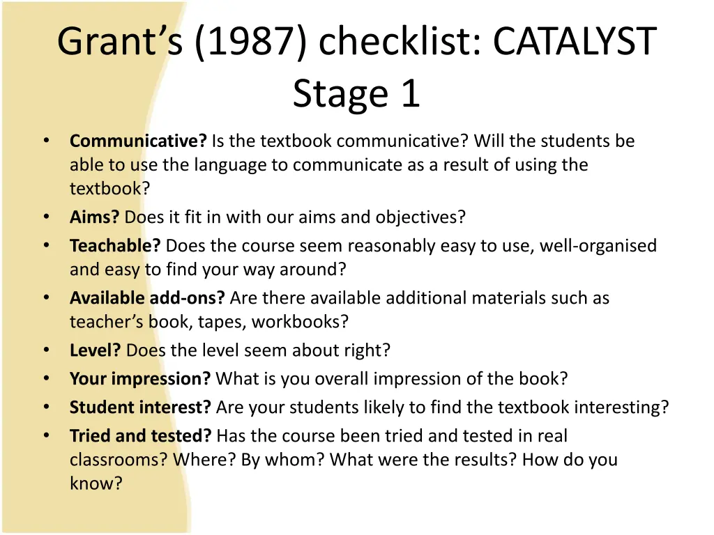 grant s 1987 checklist catalyst stage 1