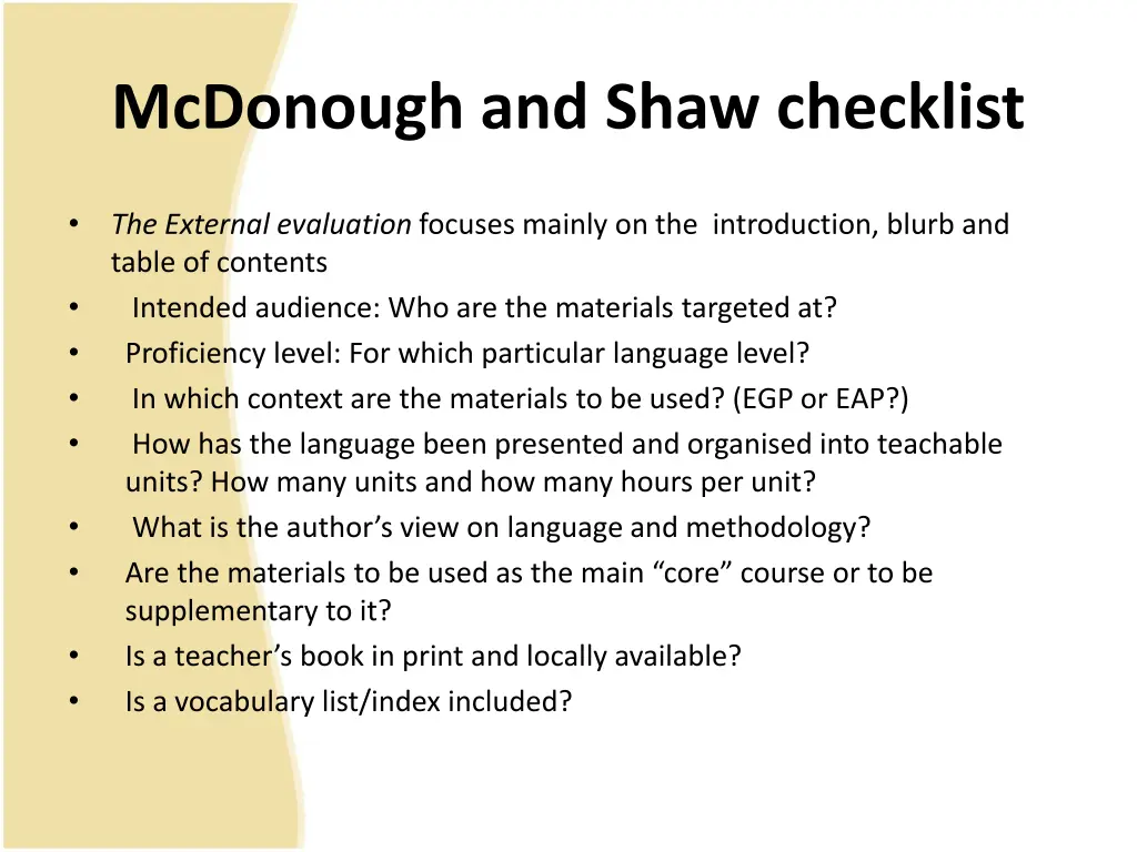 mcdonough and shaw checklist
