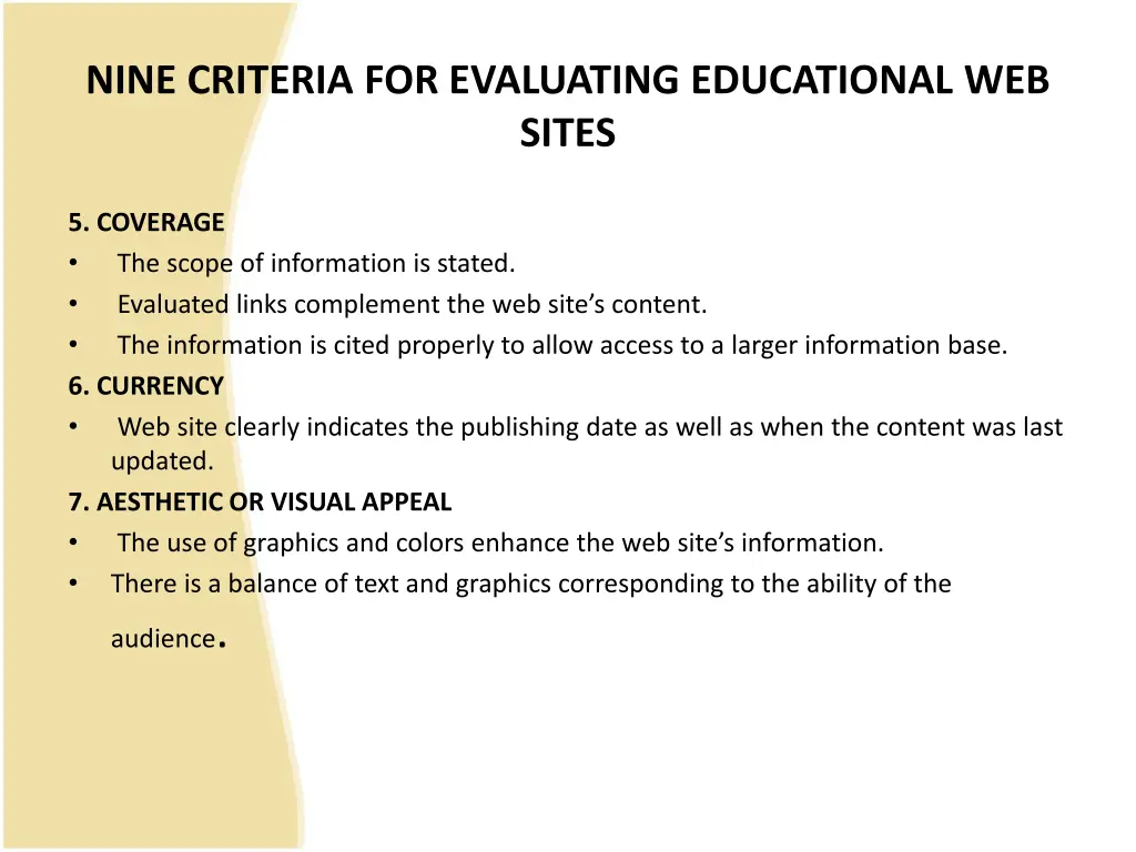 nine criteria for evaluating educational web sites 2