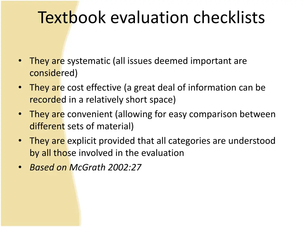 textbook evaluation checklists