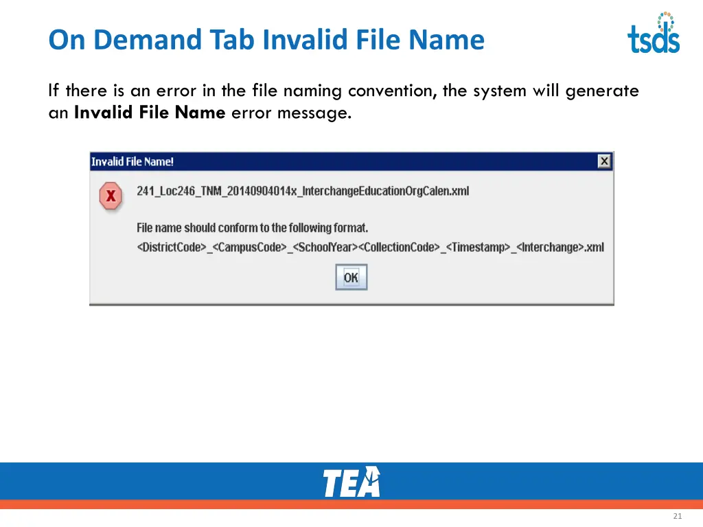 on demand tab invalid file name