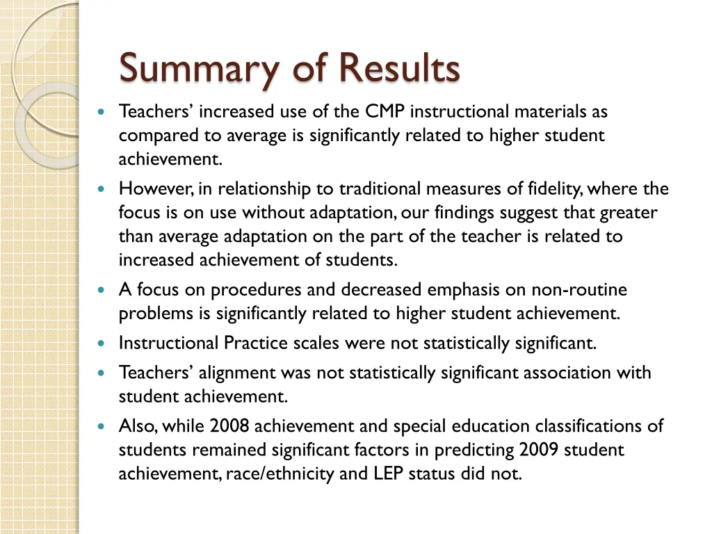 summary of results