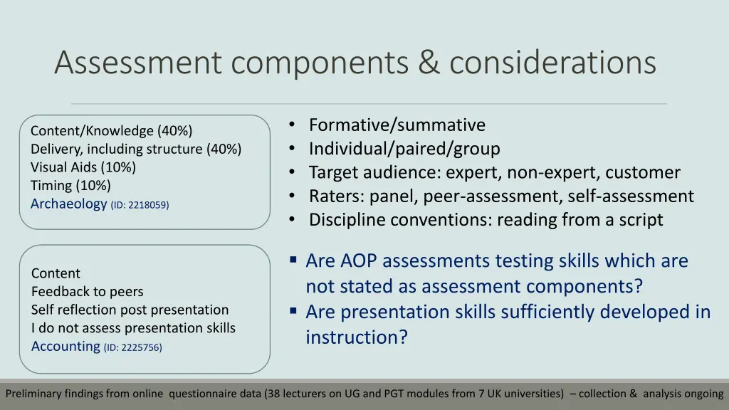 assessment components considerations