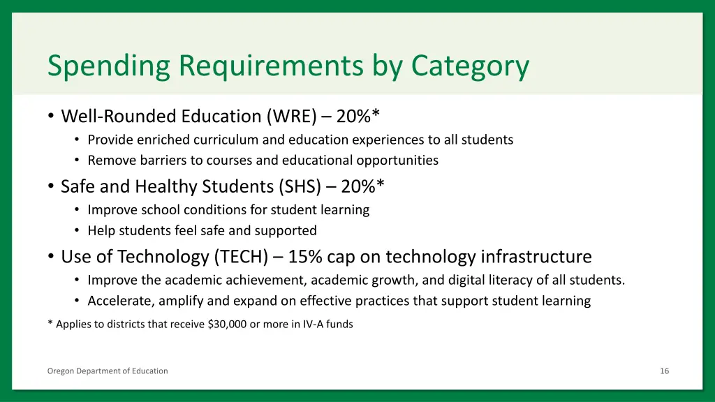 spending requirements by category