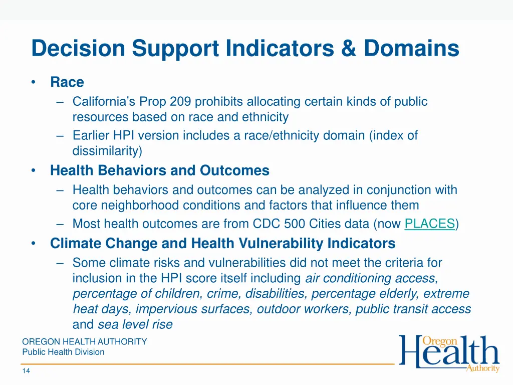 decision support indicators domains