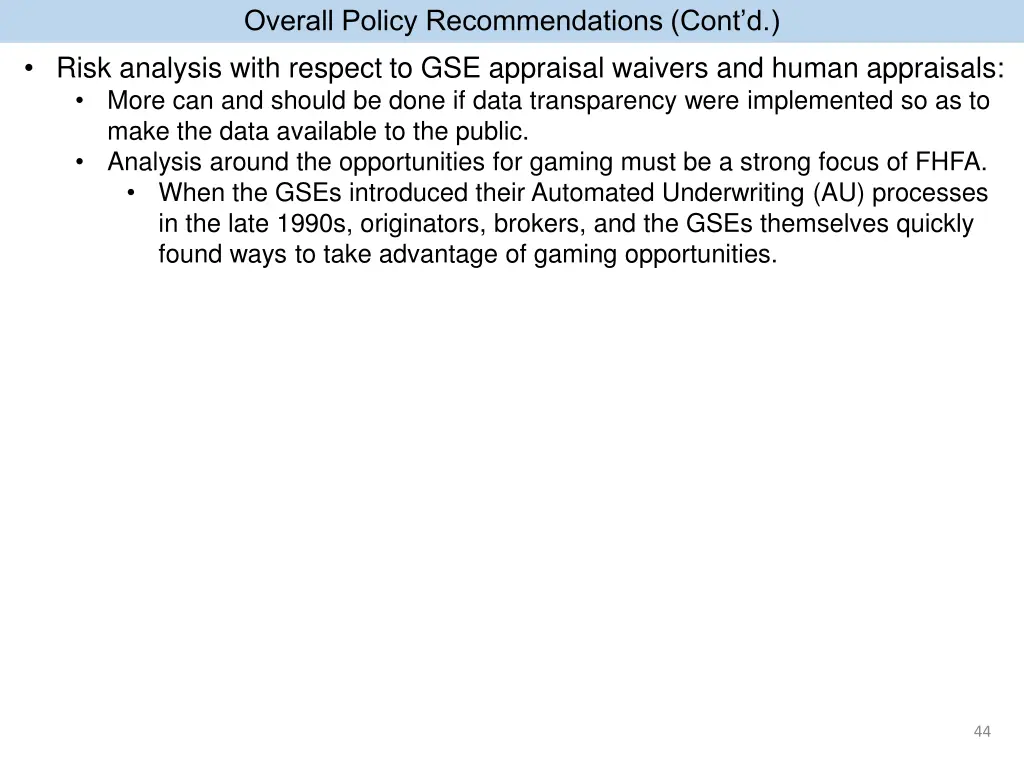 overall policy recommendations cont d risk