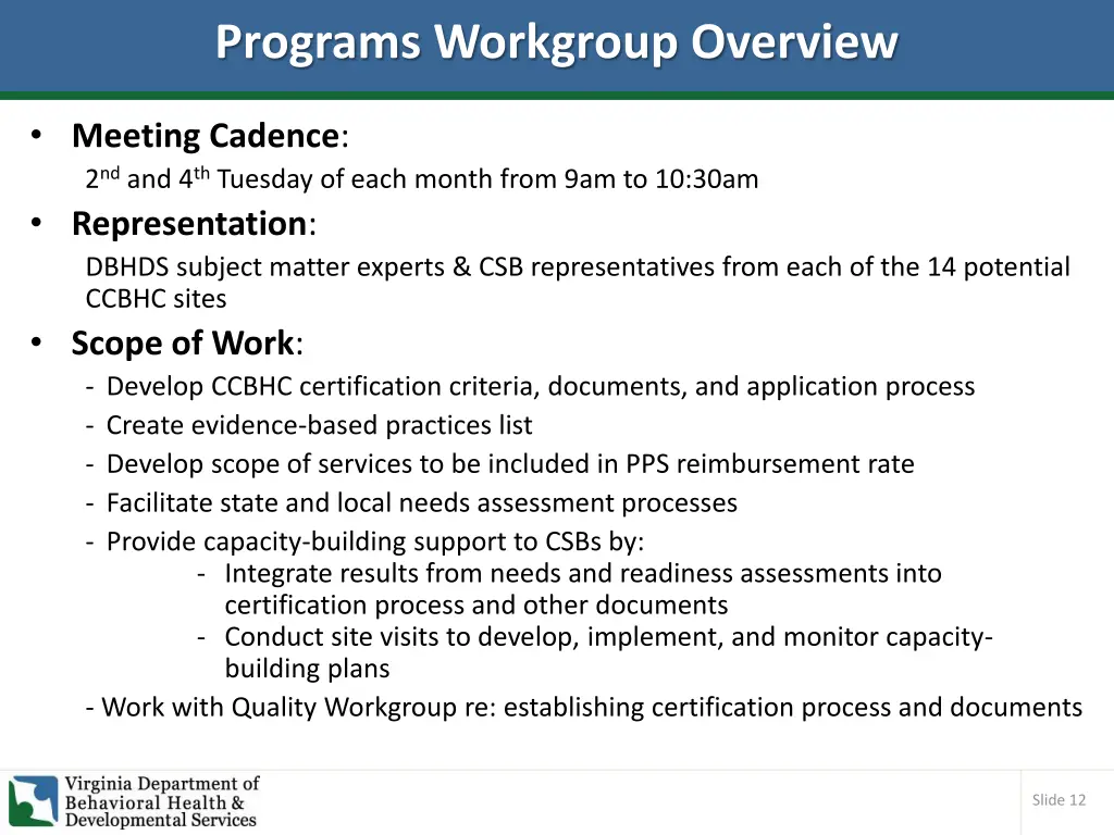programs workgroup overview