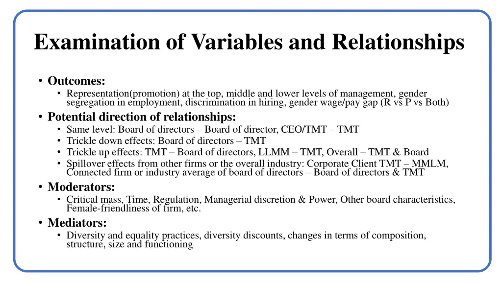 examination of variables and relationships