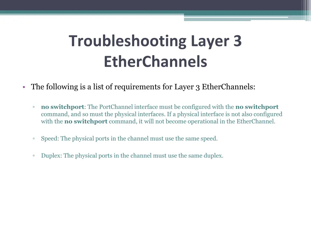 troubleshooting layer 3 etherchannels