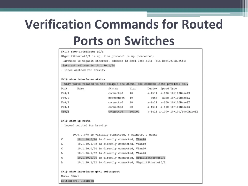 verification commands for routed ports on switches