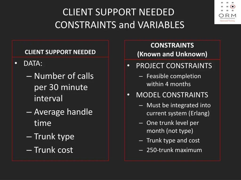client support needed constraints and variables