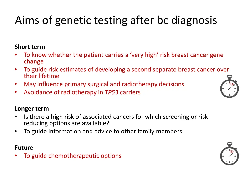 aims of genetic testing after bc diagnosis