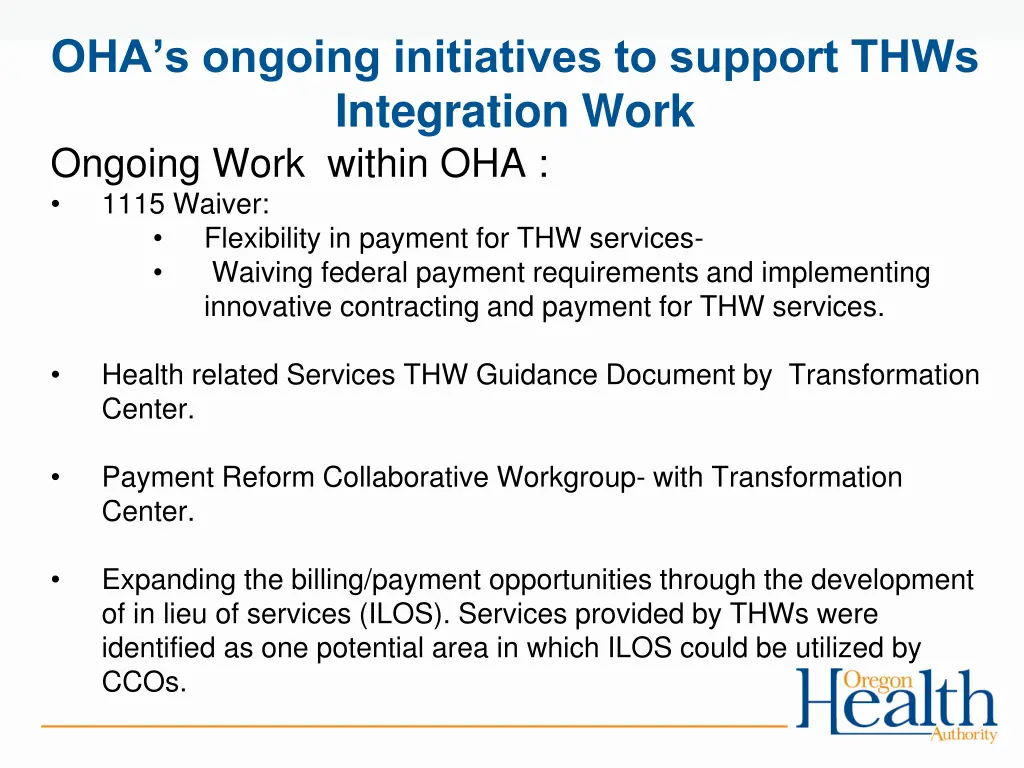 oha s ongoing initiatives to support thws