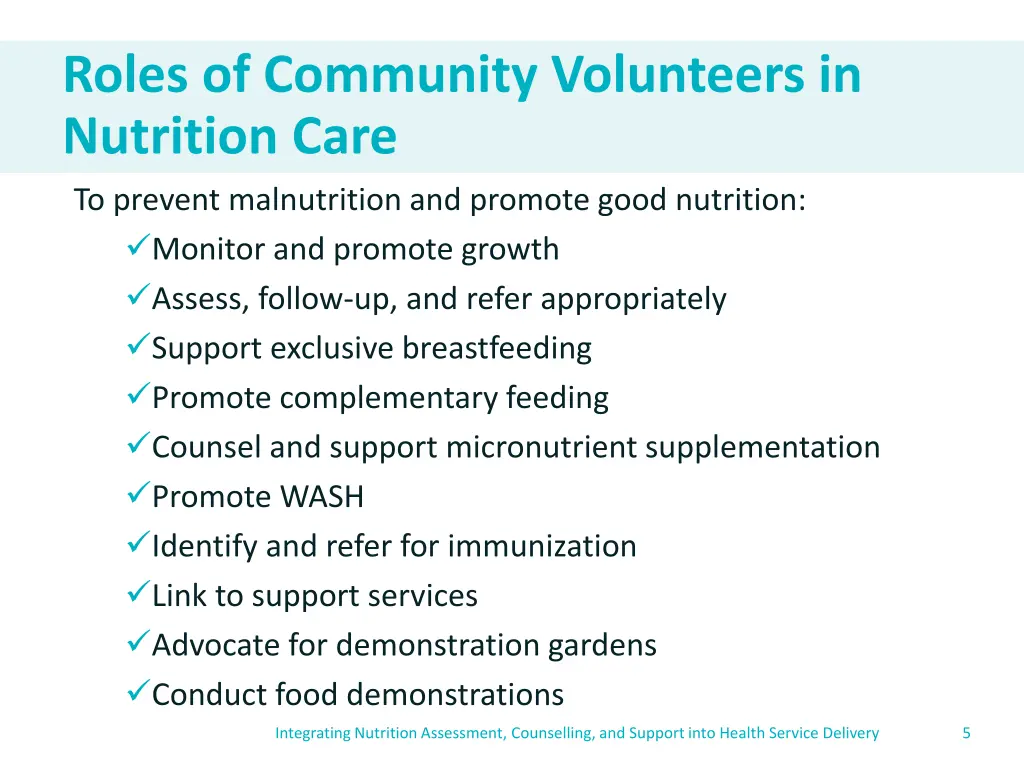 roles of community volunteers in nutrition care