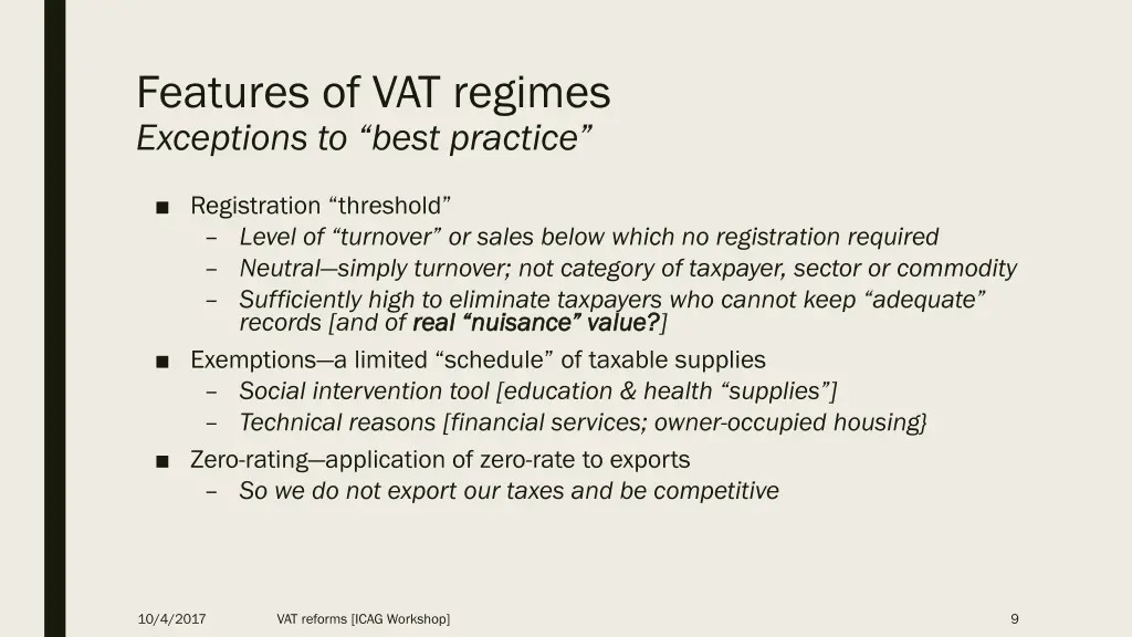 features of vat regimes exceptions to best