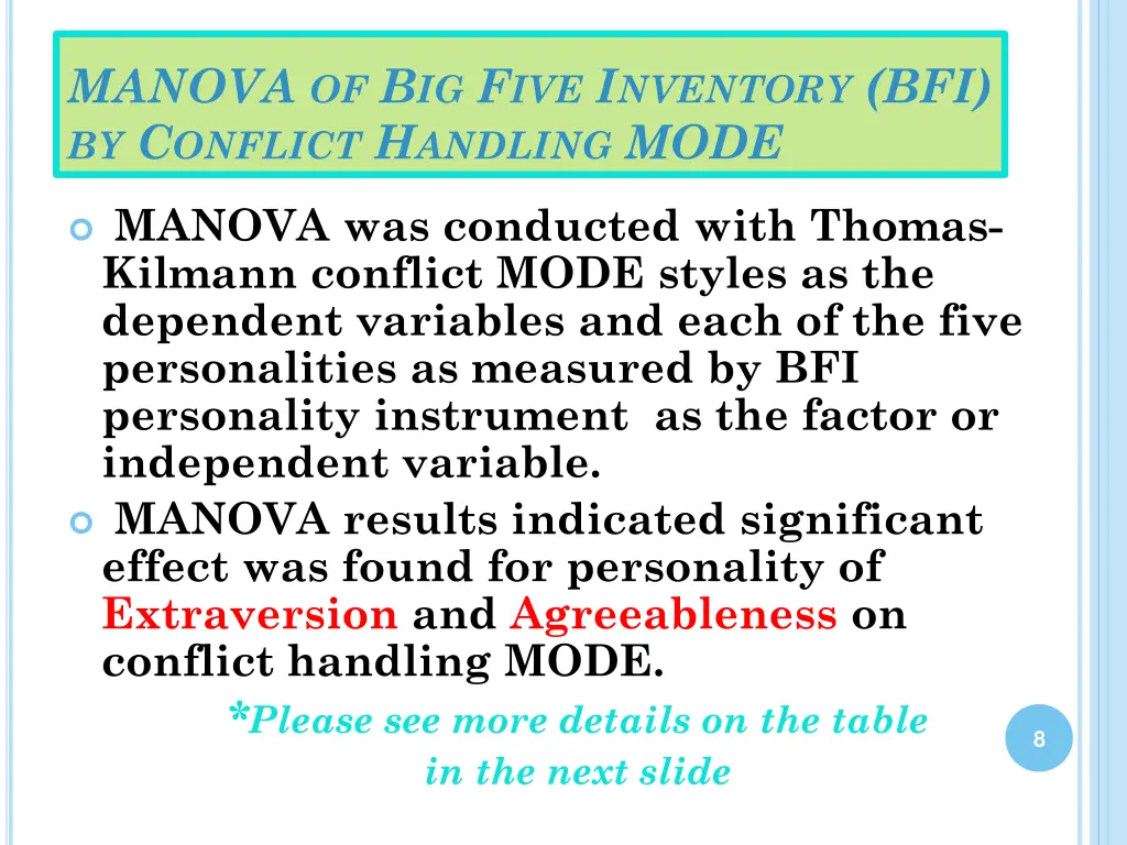 manova of b ig f ive i nventory bfi by c onflict