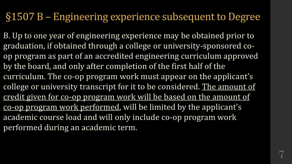 1507 b engineering experience subsequent to degree