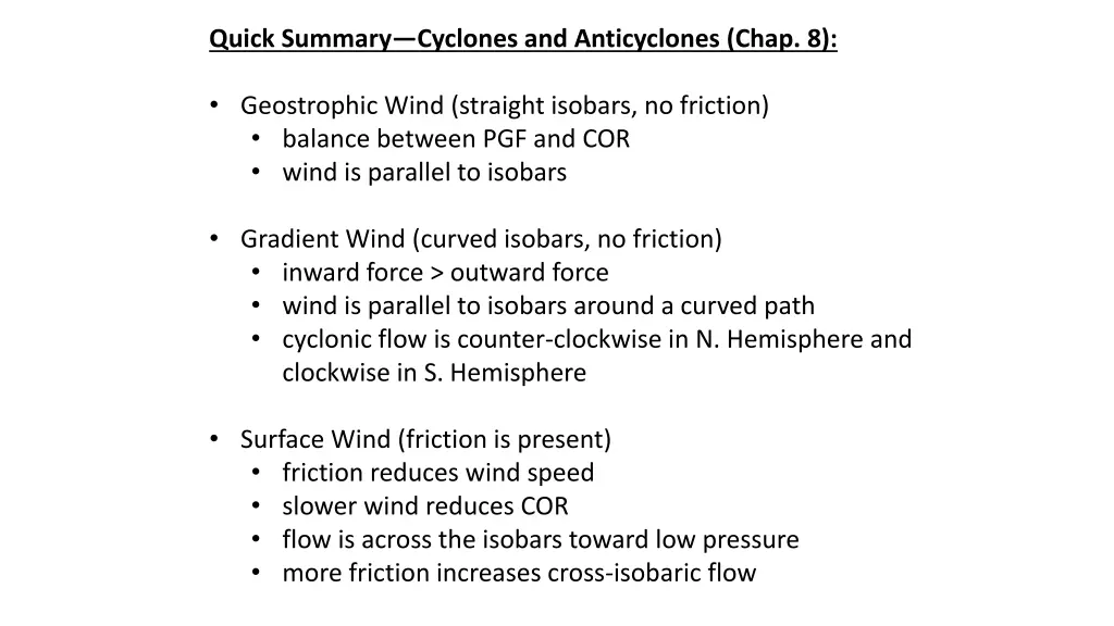 quick summary cyclones and anticyclones chap 8