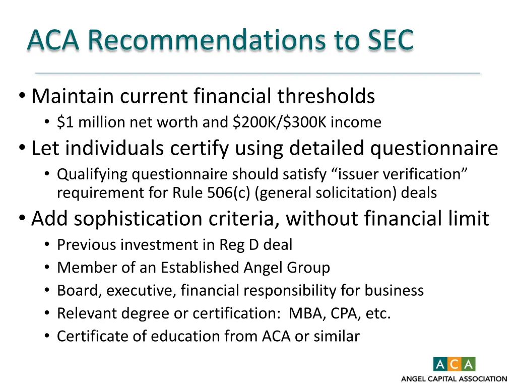 aca recommendations to sec