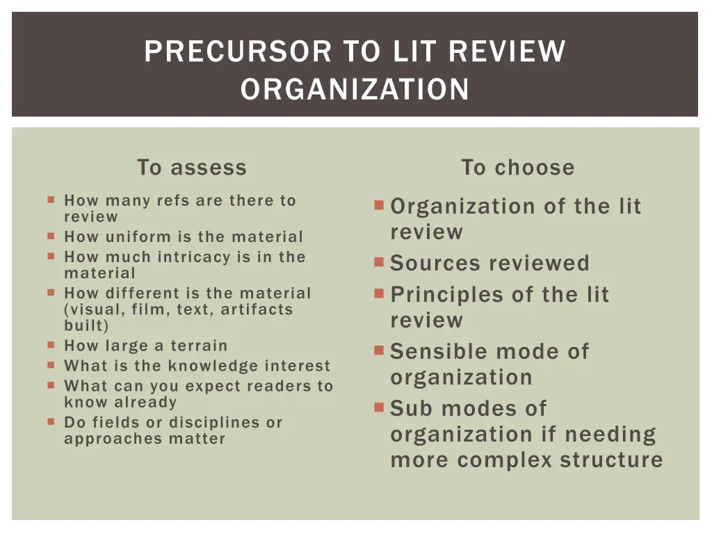 precursor to lit review organization