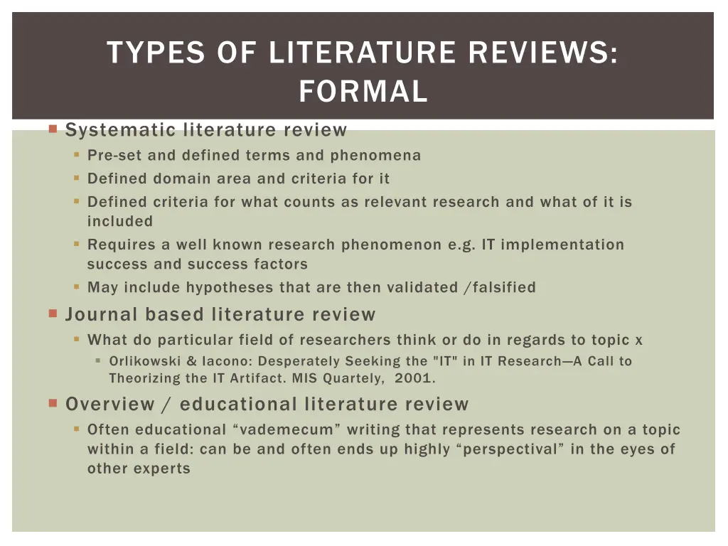 types of literature reviews formal