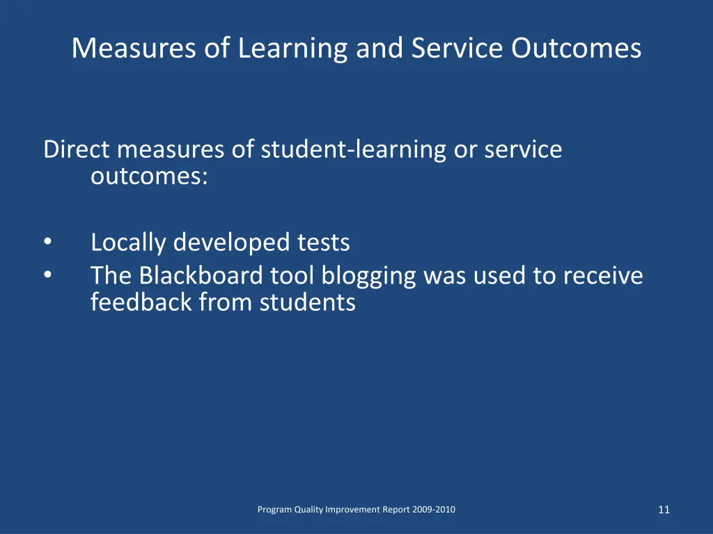 measures of learning and service outcomes
