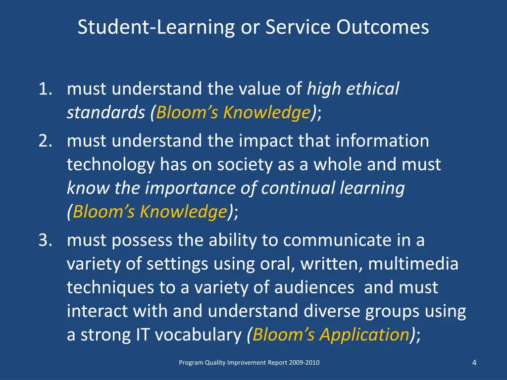 student learning or service outcomes