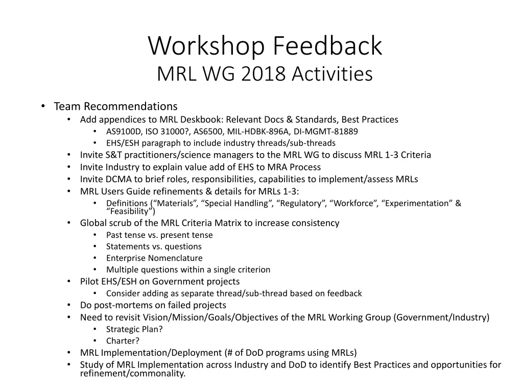 workshop feedback mrl wg 2018 activities