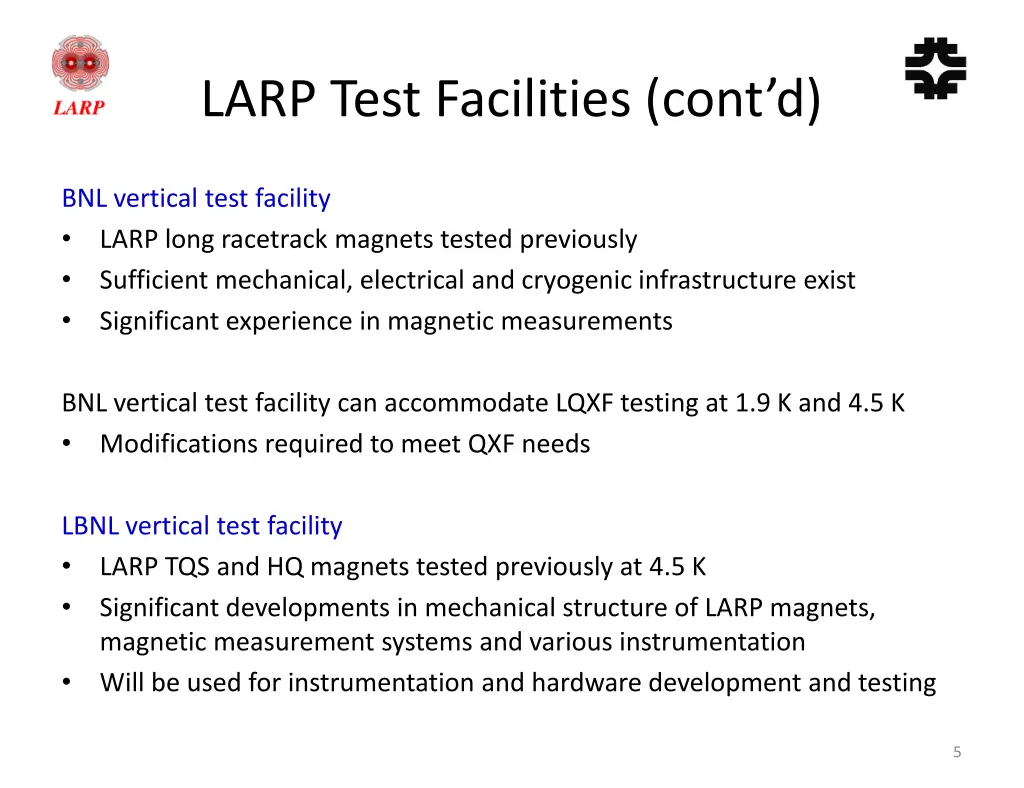 larp test facilities cont d