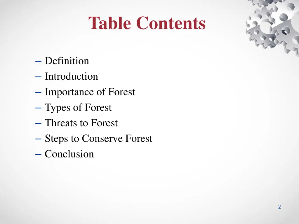 table contents