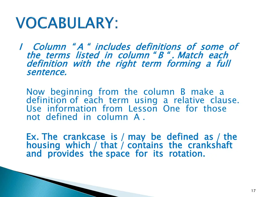 i column a includes definitions of some