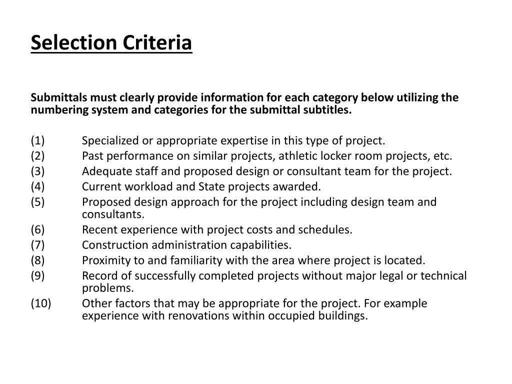 selection criteria