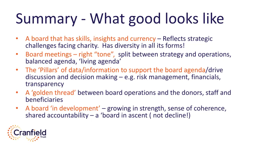 summary what good looks like