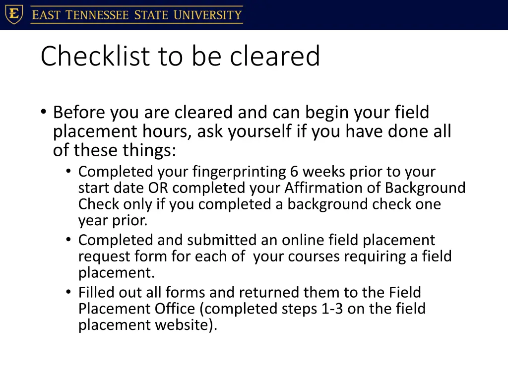checklist to be cleared