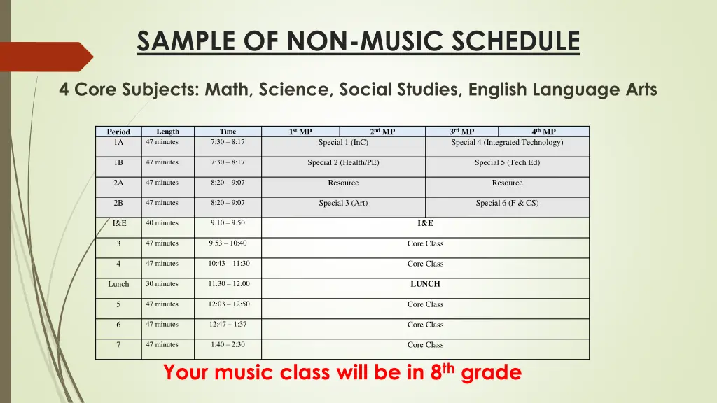 sample of non music schedule