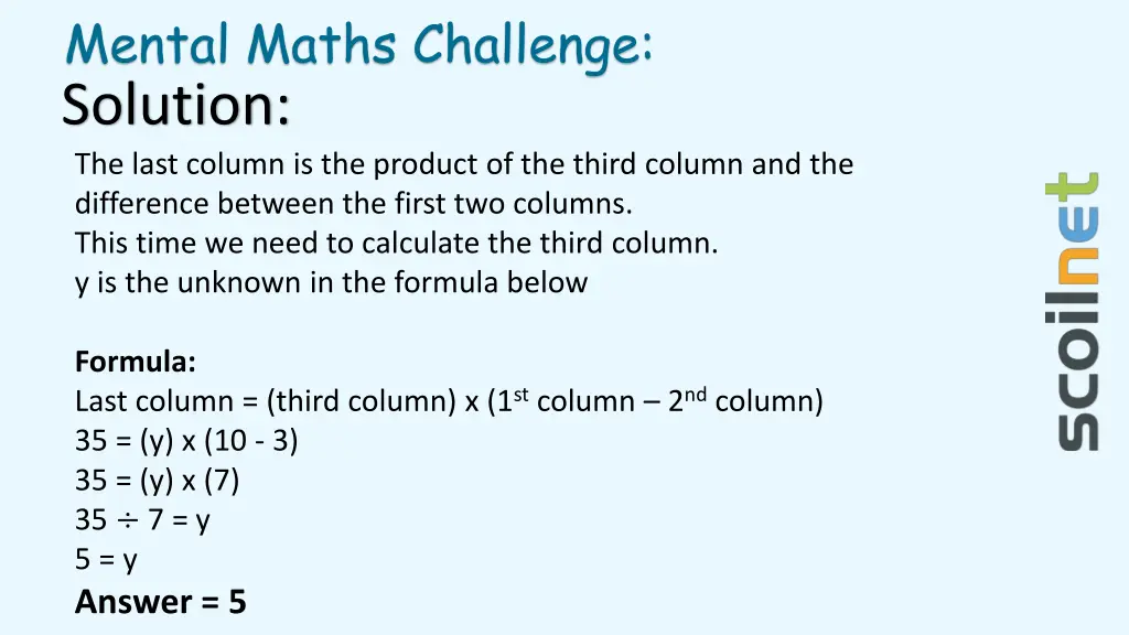 mental maths challenge solution the last column