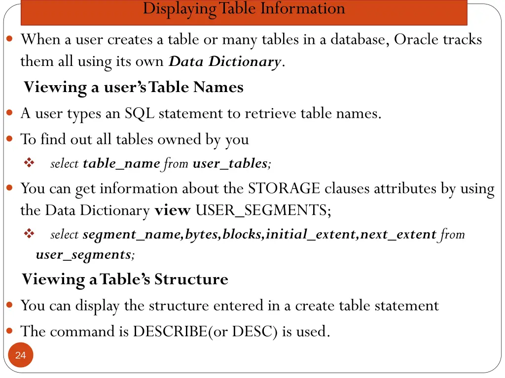 displaying table information