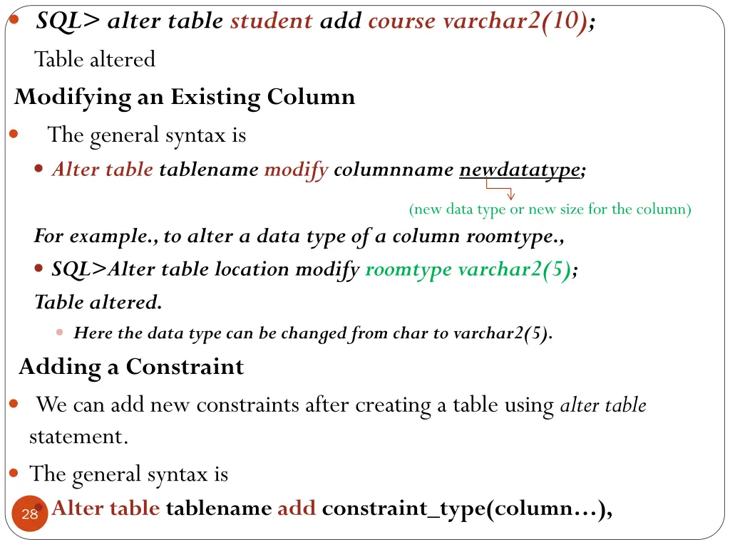 sql alter table student add course varchar2