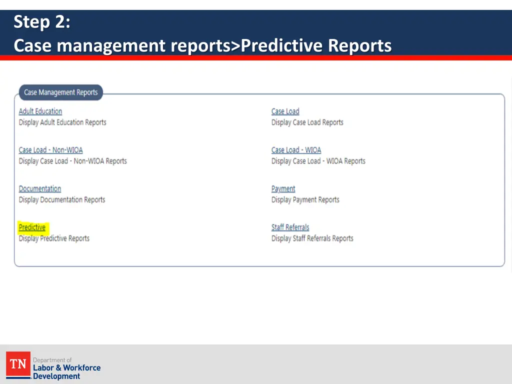 step 2 case management reports predictive reports