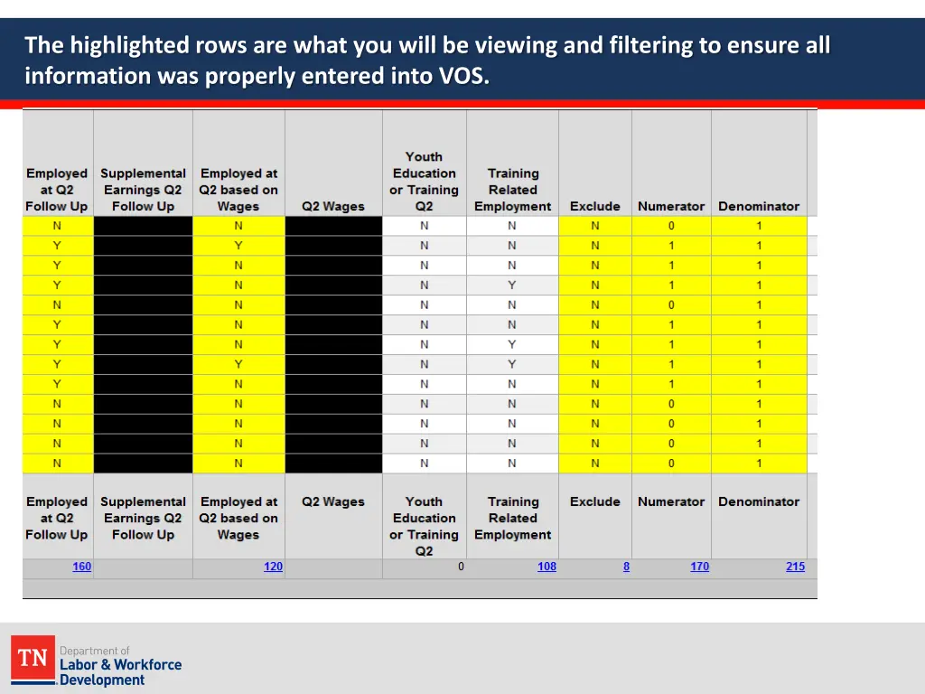 the highlighted rows are what you will be viewing