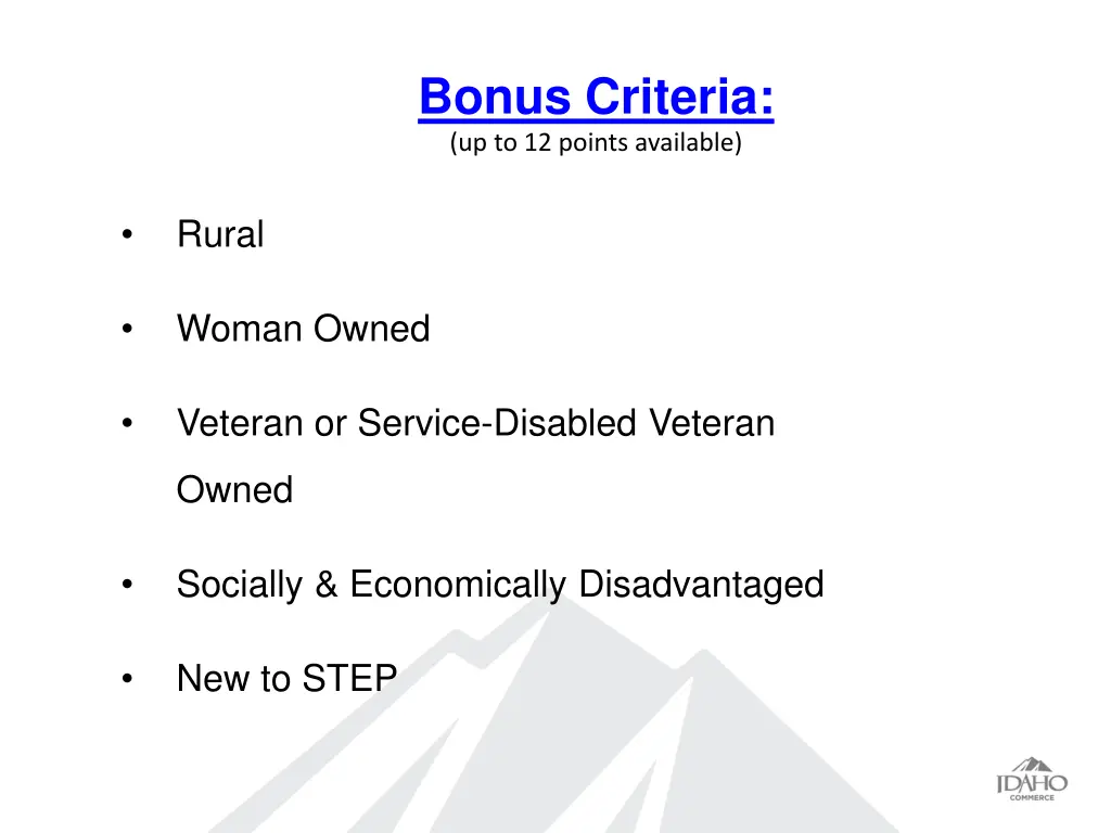 bonus criteria up to 12 points available