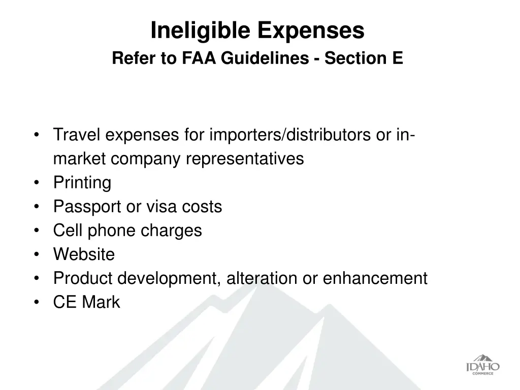 ineligible expenses refer to faa guidelines