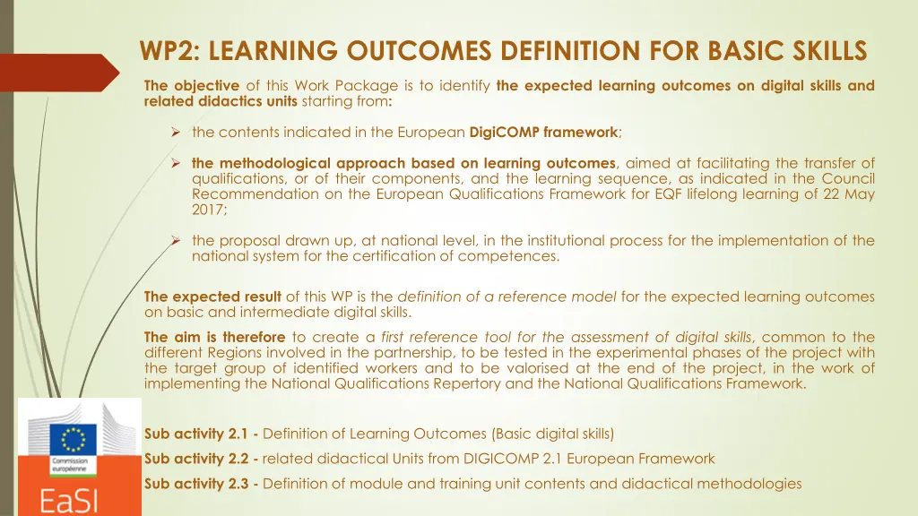 wp2 learning outcomes definition for basic skills