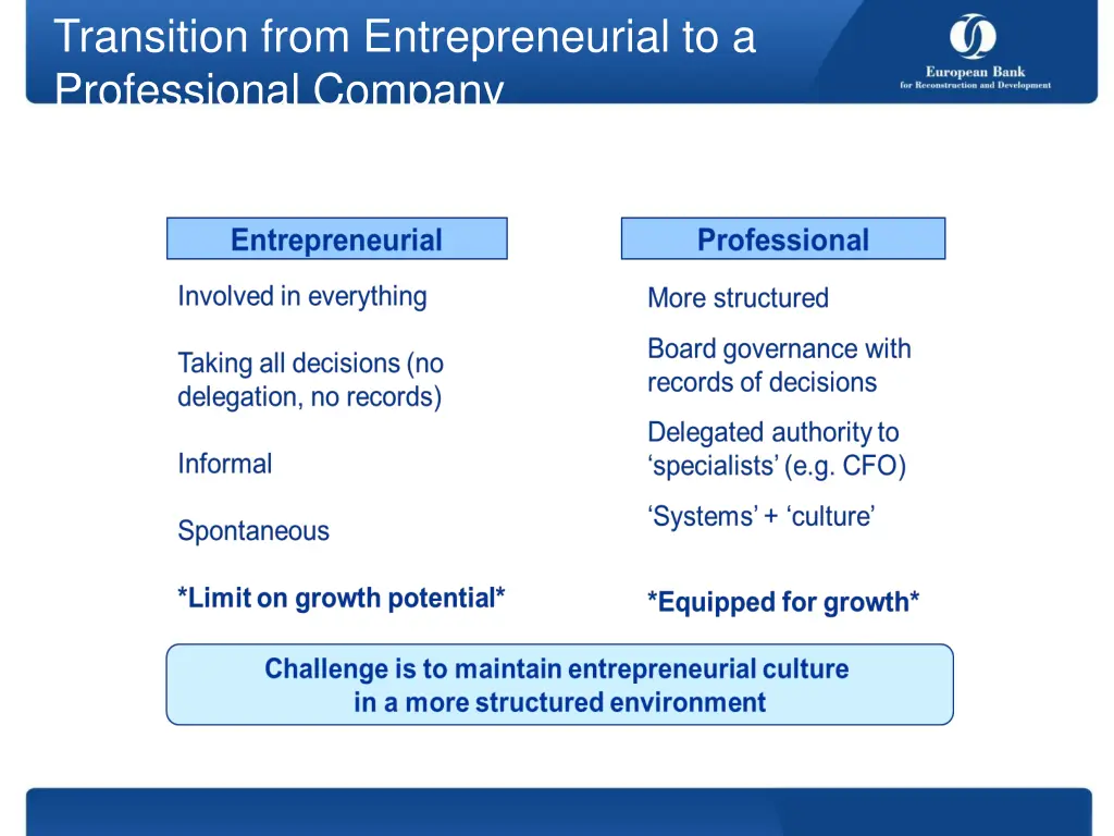 transition from entrepreneurial to a professional