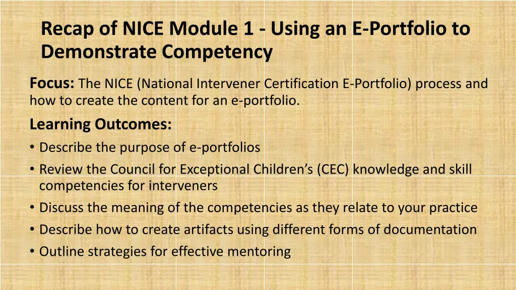 recap of nice module 1 using an e portfolio