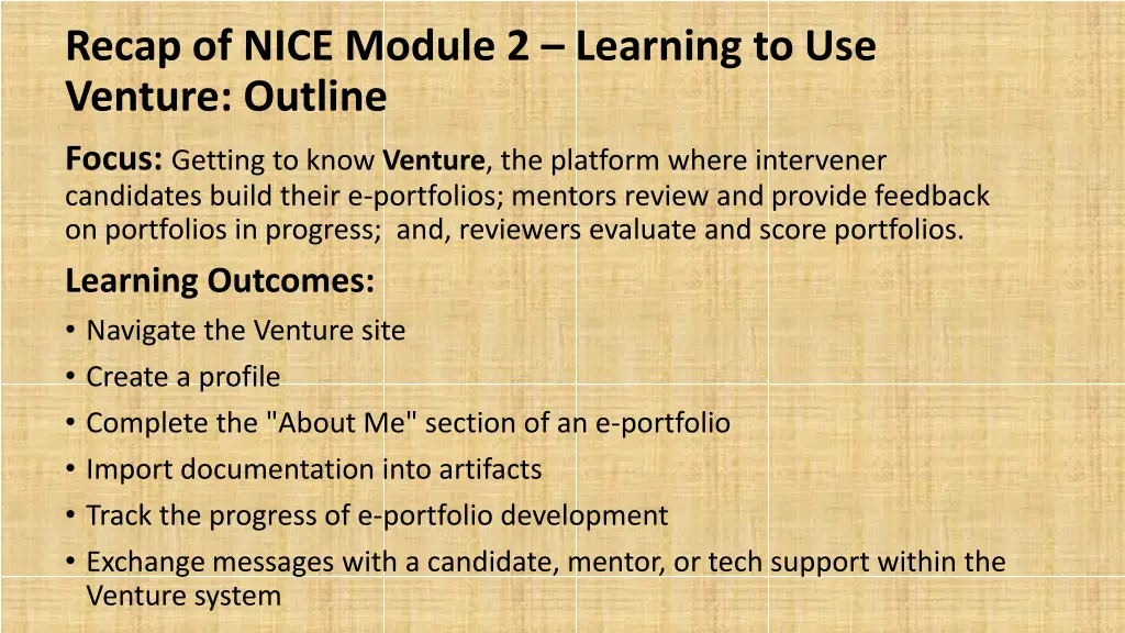 recap of nice module 2 learning to use venture