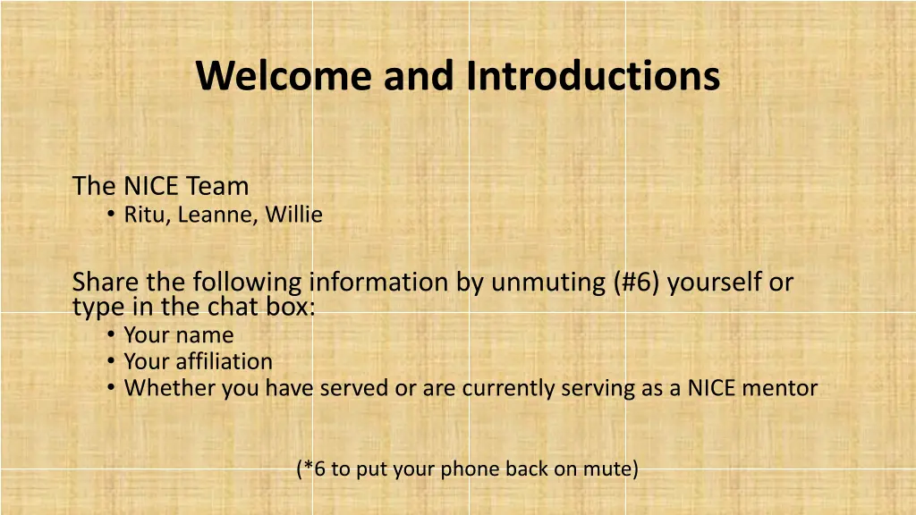 welcome and introductions