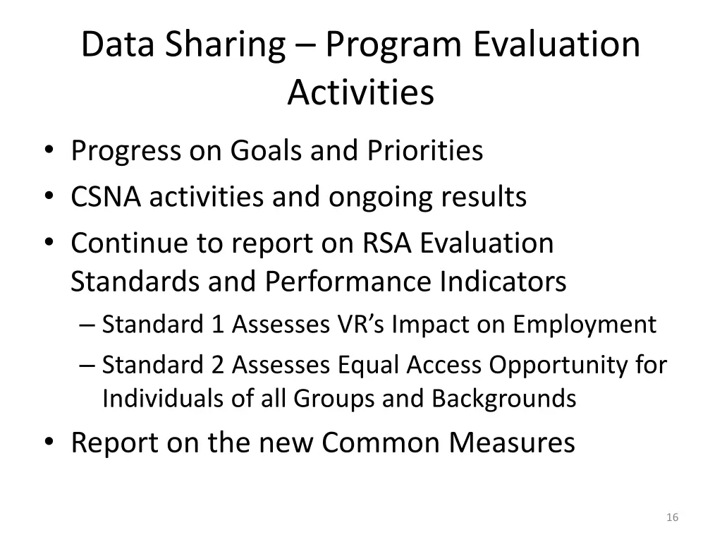 data sharing program evaluation activities