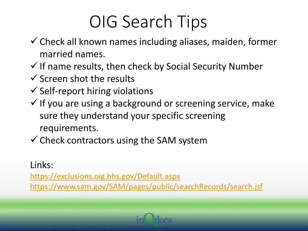 oig search tips check all known names including